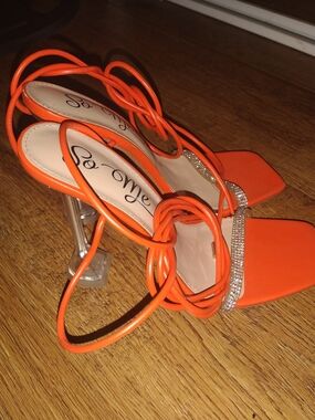 So Me Orange Strappy Heeled Sandals with Rhinestone Accent